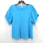 Chicos Shirt Womens Size 2 Blue Short Sleeve Pullover 100% Linen Blouse Top