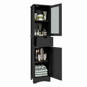 Costway Bathroom Tall Cabinet Freestanding Linen Tower w/ Drawer & Doors Black - Picture 1 of 8