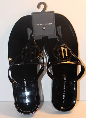TOMMY HILFIGER WOMEN'S VEDNA BLACK CUTOUT LOGO JELLY THONG SANDALS SZ 10 NEW - Image 1 of 4