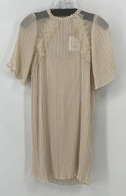Vestido Zara Beige Mujer Bordado Forrado Transparente Acampanado Talla XS NUEVO CON ETIQUETAS Manga Corta Foto 1 de 4