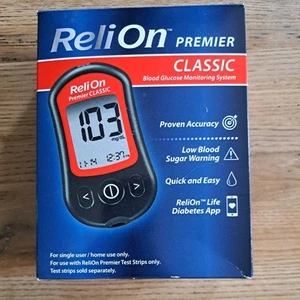 RELION PREMIER CLASSIC BLOOD GLUCOSE MONITORING SYSTEM (damage box not sealed) - Picture 1 of 3
