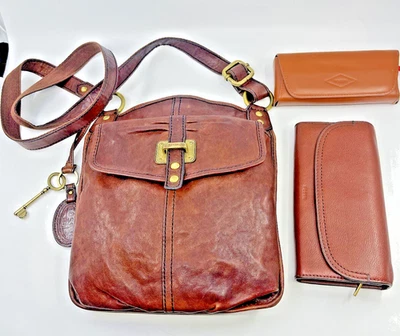 Lote de 5 bolsas satchel de couro marrom fóssil vintage bolsa tiracolo carteira estojo de óculos de sol - Imagem 1 de 4