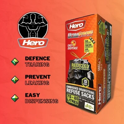 Hero 85L Strong Bin Bags Tie Handles Drawstring Refuse Sacks Black Roll of 15 - Image 1 of 4