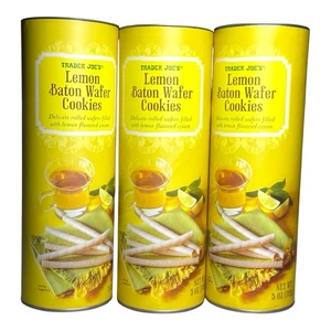 3 Trader Joe's Lemon Baton Wafer Cookies Lemon Tins Cream Filled BB 08/18/2026 - Picture 1 of 5