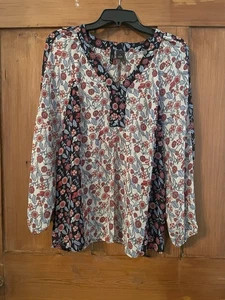 New Directions Women’s Black Pink Teal Ivory Floral Chiffon Top M - Picture 1 of 7