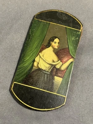 Antique Primitive Miniature Folk Art Painting Portrait on Early Needle Case - Image 1 of 4