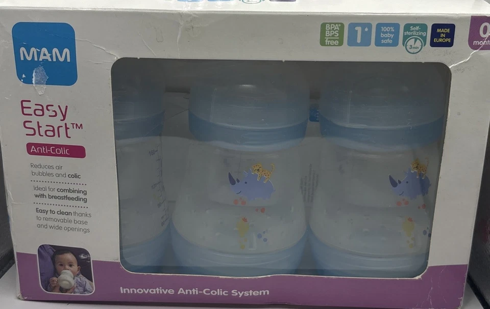 MAM Easy Start Anti-Colic 9oz Bottle 4 Pack Medium Flow Blue Elephant 2 Mo