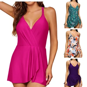 Swim Dress Womens Swimming Costume | Skirt Criss Cross Back Ruched - Picture 1 of 104
