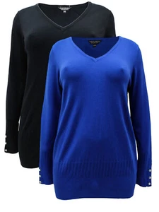 Ladies Blue Black Pearl Button Cuff Soft Knit V-Neck Plus Size Womens Jumpers - Picture 1 of 11