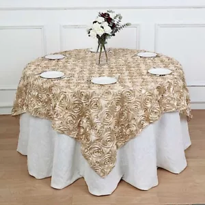 72x72" Beige SATIN Raised Roses TABLE OVERLAYS Unique Wedding Party Toppers - Picture 1 of 7