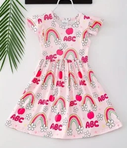 NEW Boutique Back to School Rainbow Apple Girls Sleeveless Pink Dress - Picture 1 of 6