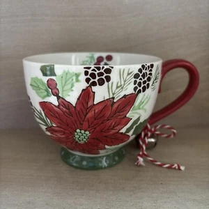 Dutch Wax POINSETTIA 14oz Mug Christmas Holly Berry Pine Cone Green Red Embossed - Picture 1 of 7