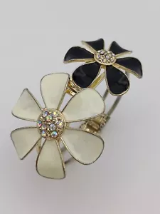 Stunning Large Cream & Black Enamel Crystal Flower Detailed Hinged Bracelet - Picture 1 of 16