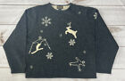 Woolrich Womens Sz L Charcoal Heather Sweater 100% Wool Knit Snowflake Reindeer