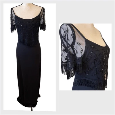 Vintage Stenay Black Beaded, Fringed Formal Dress Sz6 Old Money, Formal Wedding - Image 1 of 4