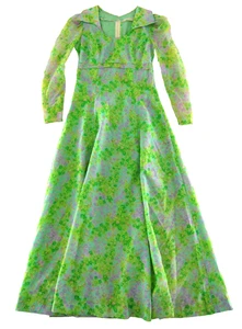 Vintage Handarbeit grün lila braun Blumen Langarm Empire Taille Maxikleid S - Bild 1 von 4
