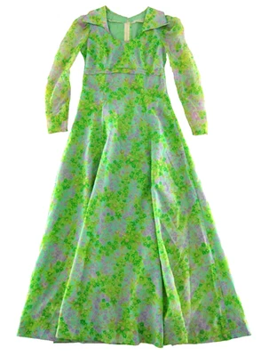 Maxi Vestido Vintage Hecho a Mano Verde Púrpura Marrón Floral Manga Larga Cintura Imperio S Foto 1 de 4