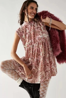 free people mini vestido terciopelo xs rosa floral bebé muñeca manga paisley Foto 1 de 4