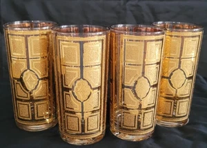 Vintage MCM Culver Highball Glass (5.5") Set Of Four Gold Panel Design  - Picture 1 of 6