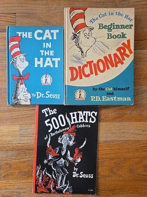 Vtg Mcm Dr. Seuss Book Lot, Cat In The Hat,  500 Hats, Beginner Book Dictionary - Image 1 of 4