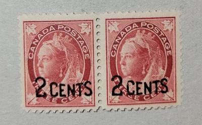 canada stamp #87ii Queen Victoria (1899) 2 x 2¢ on 3¢ Narrow spacing pair MLH OG - Image 1 of 2