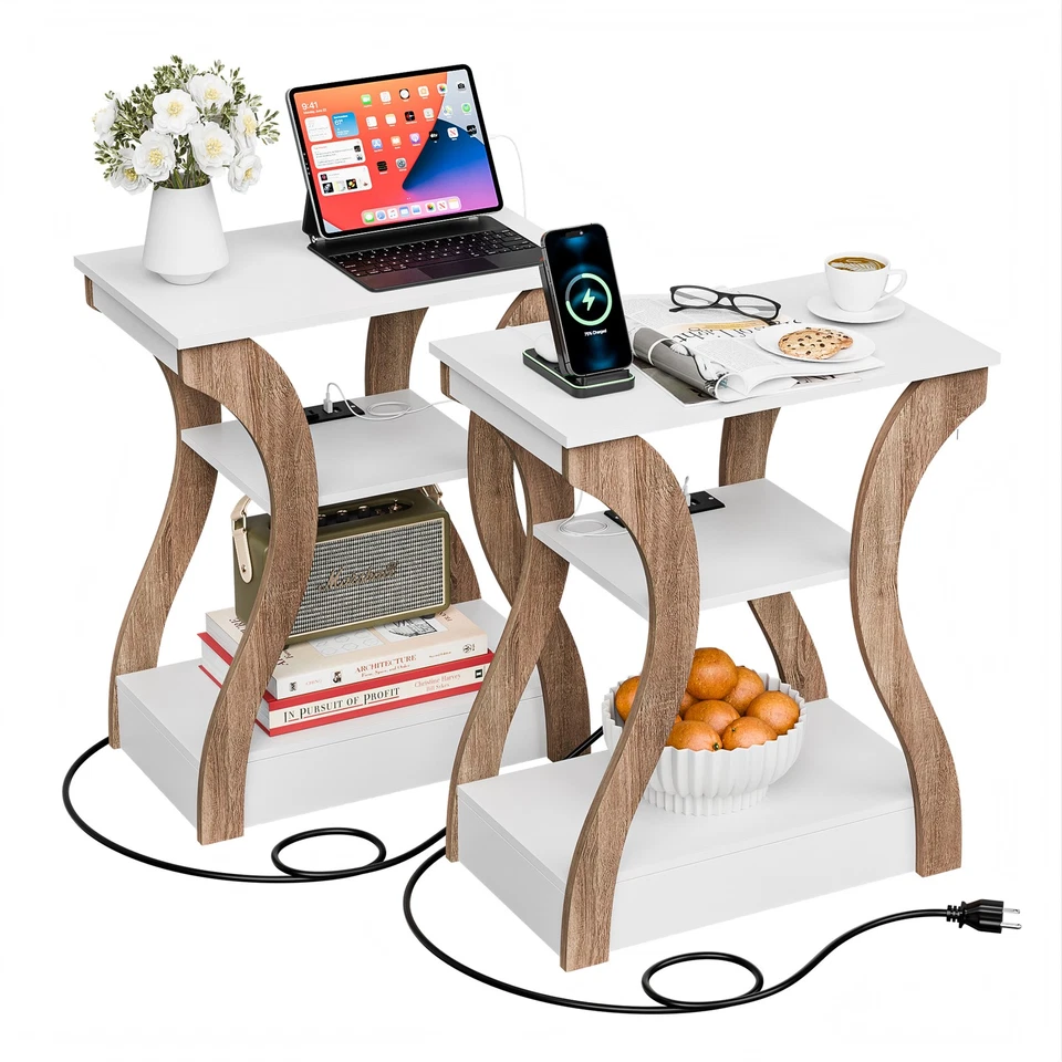 2X Side Table 3 Tier End Table with Outlets for Living Room Bedroom Office White - Image 1 of 4