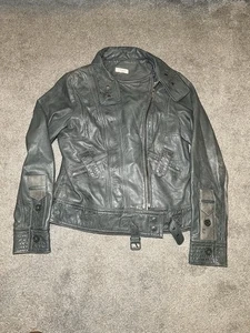 Gharani Strok Olive Green Khaki Leather Biker Jacket Women’s Size 10 Medium - Picture 1 of 13