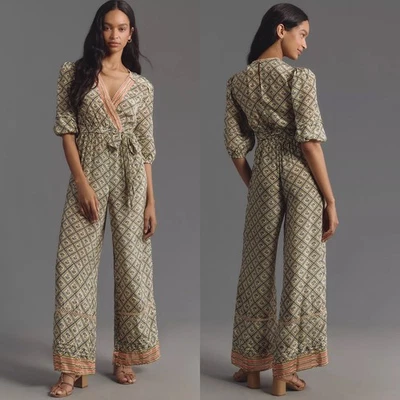 Macacão Anthropologie Farm Rio V gola V transparente estampa de cogumelo perna larga novo com etiquetas médio - Imagem 1 de 4