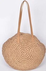 Round Beach Straw Bag Tote Khaki - Picture 1 of 4
