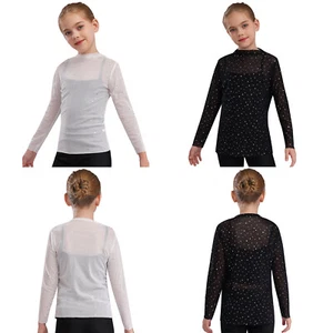 Kids Girls T-shirt Crewneck Dancewear Latin Tops Gymnastics Shiny Pullover Mesh - Picture 1 of 32