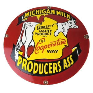 Vintage Michigan Milk Sign - Dairy Cow Porcelain Diner Gas Pump Sign - Picture 1 of 14