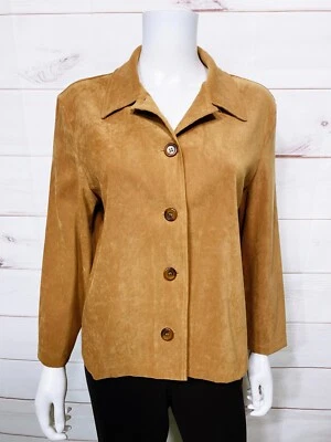 Briggs Petite Womens Faux Suede Jacket Size PM Camel Brown Collared Button Up - Image 1 of 4