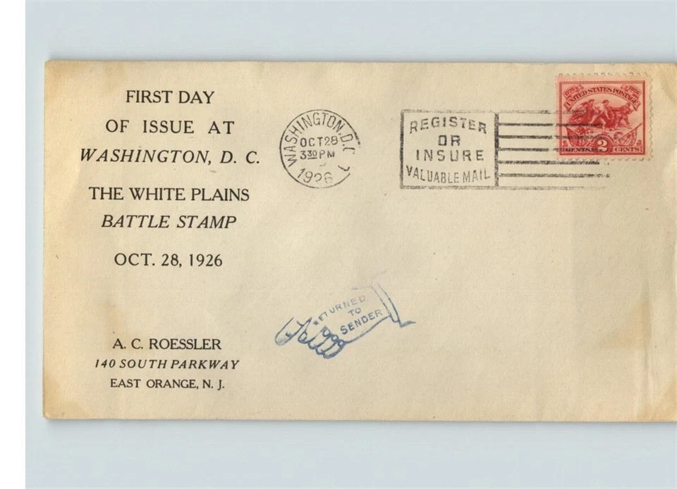 SCARCE! WHITE PLAINS Battle First Day of Issue, Roessler, # 629, Washington DC  - Image 1 of 1