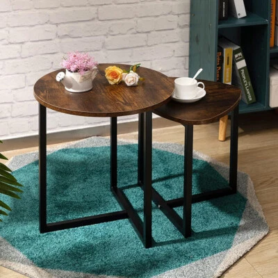 STORAGE-CONCEPT Living Room Nesting End Table Rustic Wood Metal Irregular Nested Table Side Desk