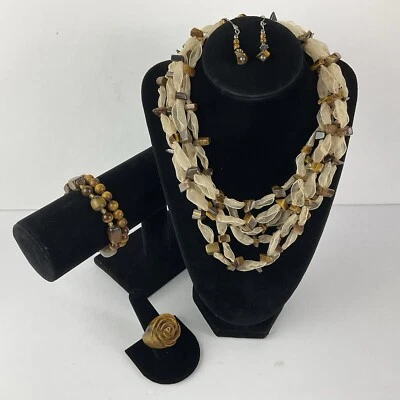 Genuino Ojo de Tigre Organza Multi Hilo Collar Pulsera Anillo y Pendiente Conjunto Foto 1 de 4