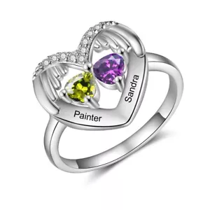 Engraved Mother's Day Ring Love Wings 2 Birthstones 2 Names .925 Sterling Silver - Picture 1 of 5