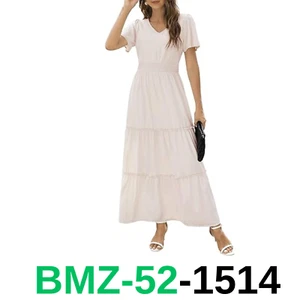 Zattcas Womens 2024 Long Summer Dress Casual Short Flutter Sleeve V Neck, M - Picture 1 of 4