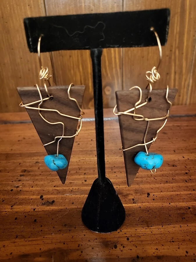 Handmade Copper Wire Turquoise Stone & Leather Triangle Hanging Earrings-Preown Foto 1 de 4
