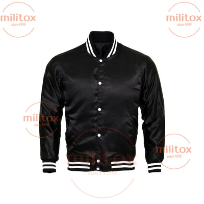 Varsity Satin Bomber Jacket Black – Premium Quality, Free Shipping, No VAT - Image 1 of 3