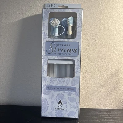 Reusable Straws with Toppers - Blue, Yellow, tan flowers 13 pc set - Image 1 of 4