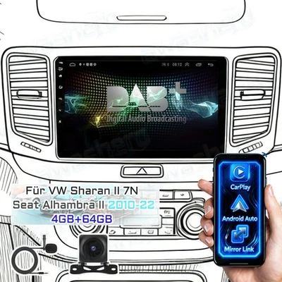 Carplay 64GB Autoradio Android15 Für VW Sharan II 7N Seat Alhambra II 10-22 DAB+ - Bild 1 von 4