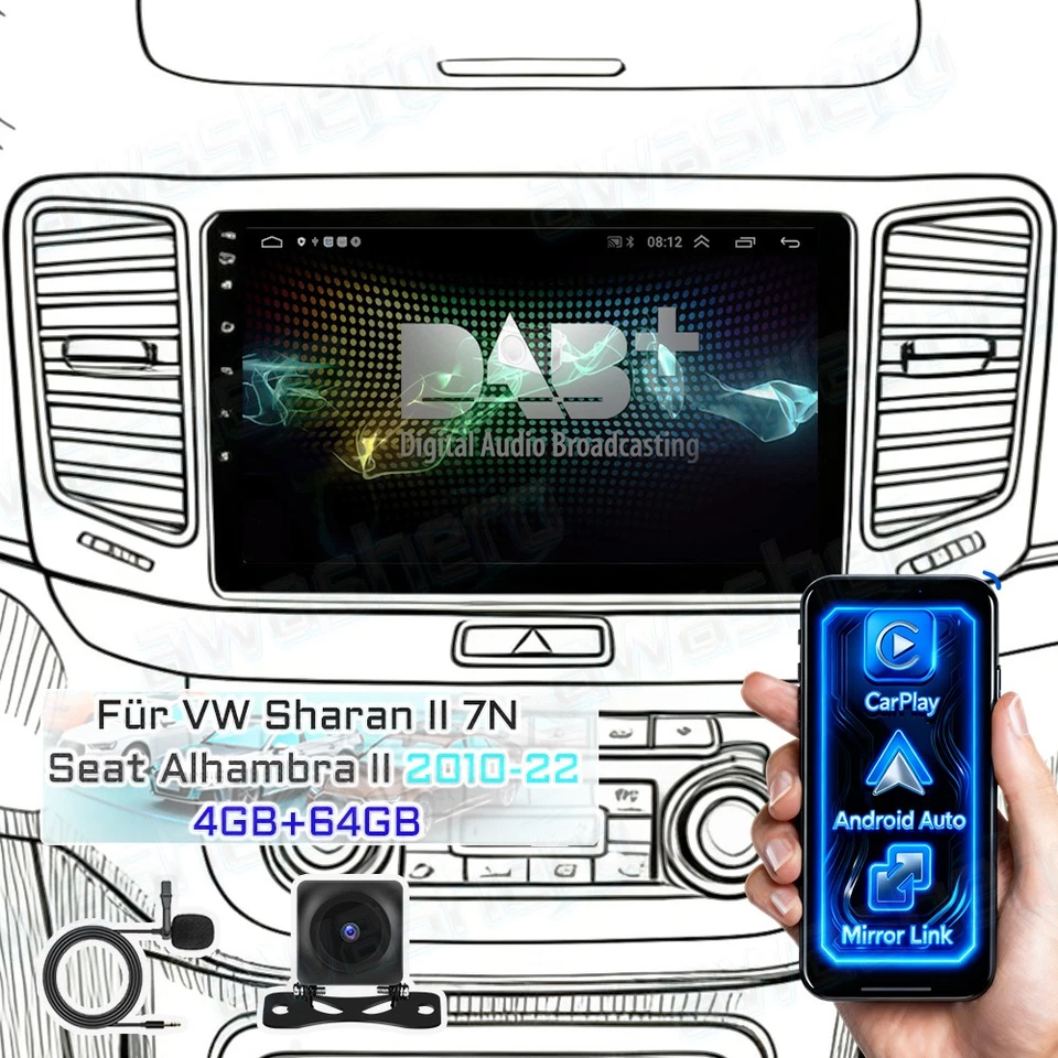 Carplay 64GB Autoradio Android15 Für VW Sharan II 7N Seat Alhambra II 10-22 DAB+ - Bild 1 von 4