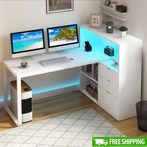 L Shaped Computer Desk W/ Power Outlets LED Lights Adjustable Shelves Storage US - Picture 1 of 13