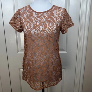 Loft Damen Oberteil Gr. XS kupferfarben Spitze Kurzarm Rundhals ungefüttert Pullover - Bild 1 von 6