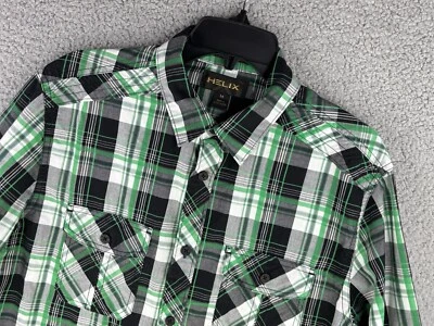 Camisa Helix Botón Para Hombre M Cuadros Calce Atlético Negro Blanco Verde Manga Larga Foto 1 de 4