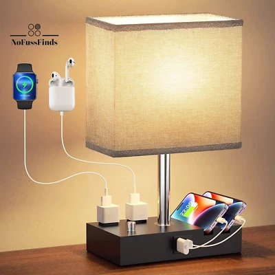 Fully Dimmable Nightstand Lamp for Bedroom with USB C Ports, Grey Small Bedside  - Image 1 of 4