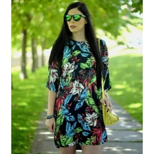 Zara Tropical Print Mini Dress Tunic Short Sleeve Round Neck Floral Crepe Sz S - Picture 1 of 8