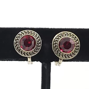 Ruby Red Rhinestone Clip On Earrings Round Goldtone Framed NWH July Birthstone - Picture 1 of 6