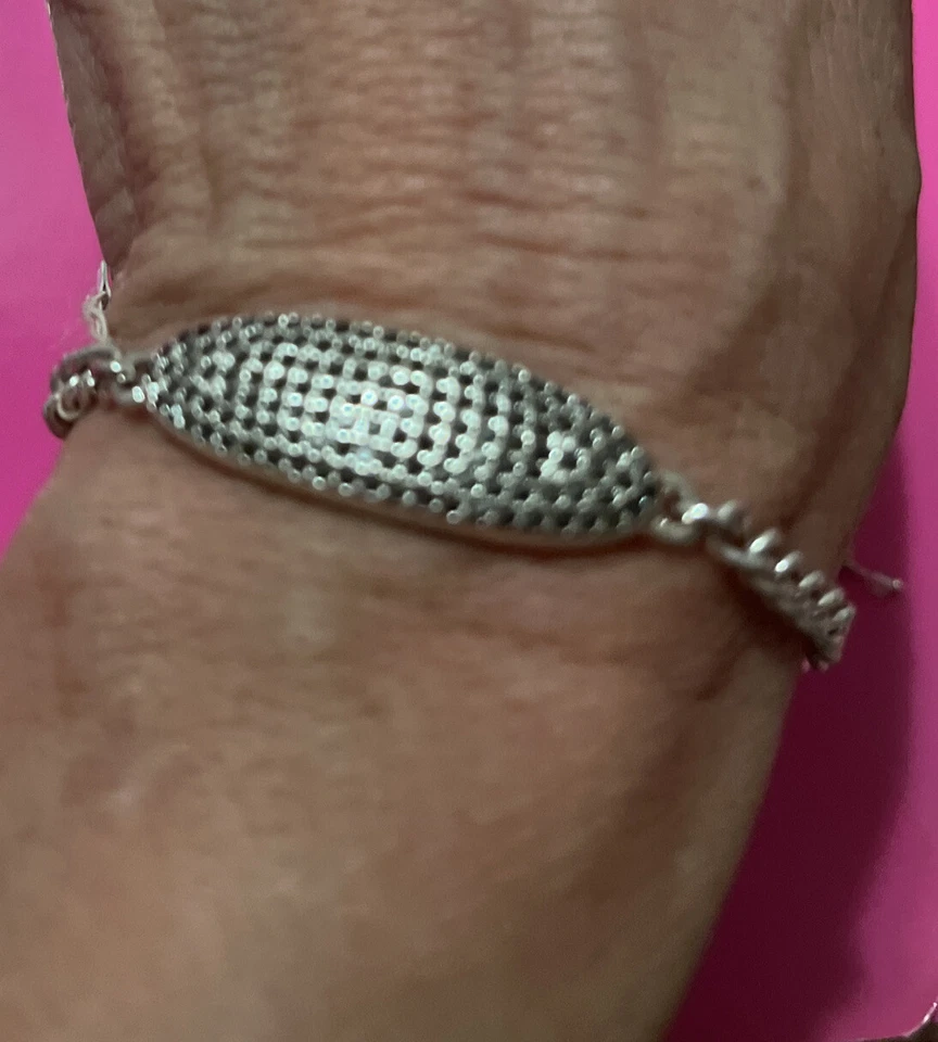 $39 LUCKY BRAND Pave' Oval ID Slider Bead Adjustable Silver-Tone Bracelet  H50 - Image 1 of 4