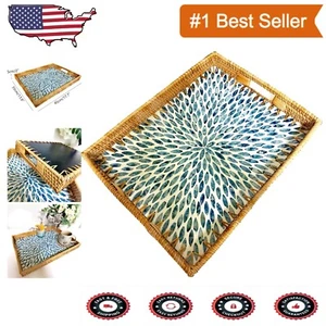 Elegant 18-Inch Rattan Tray with Blue MOP Accents - Perfect for Serving & Decor - Picture 1 of 8